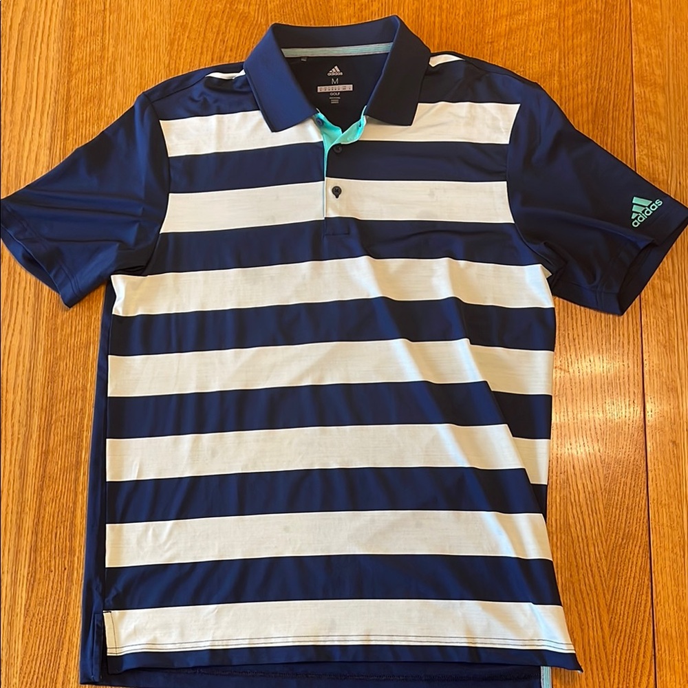 Adidas Blue and White Striped Golf Polo